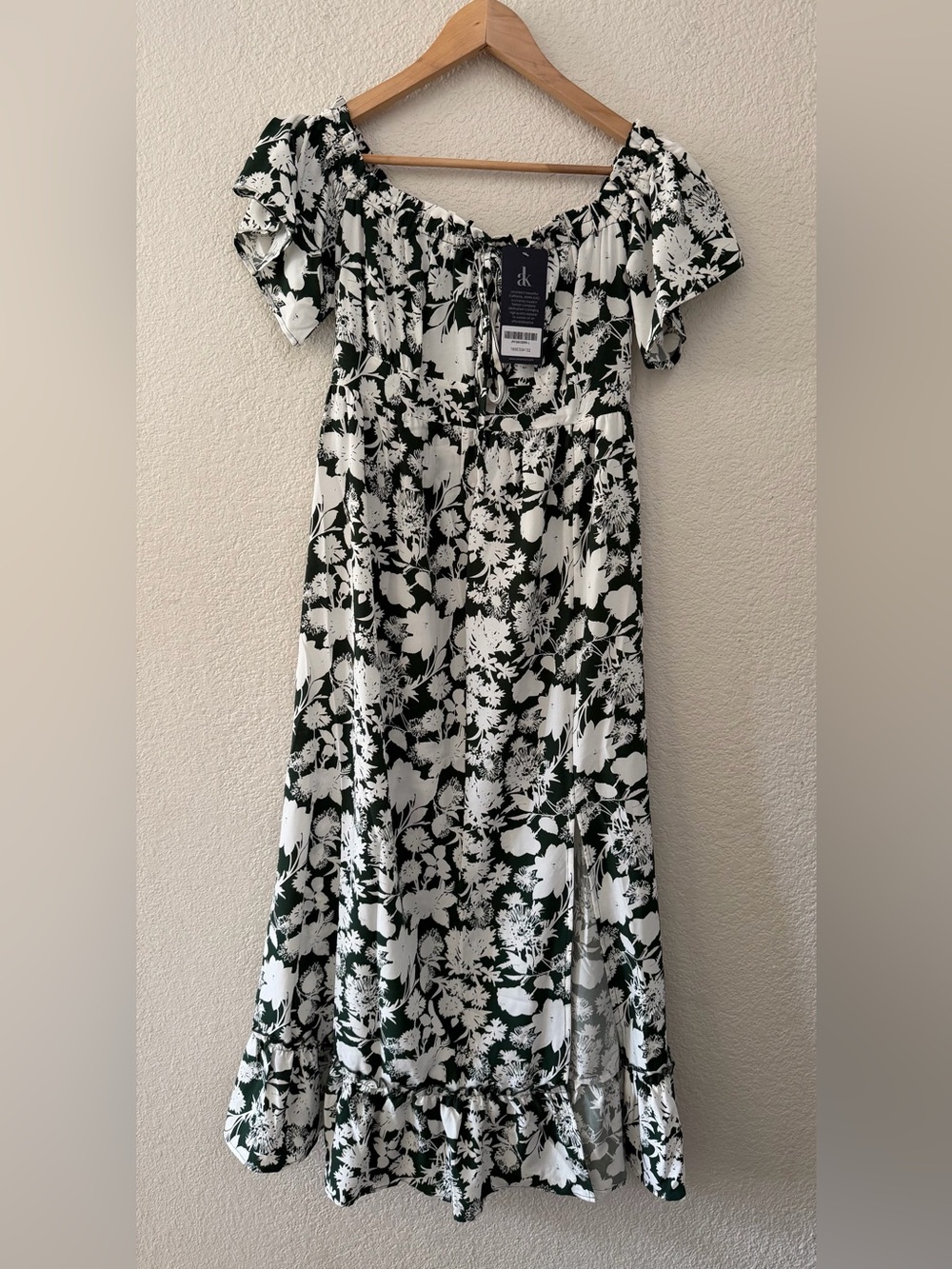 Anna Kaci Size Large Dark Green Floral Midi Front Slit Off Shoulder Ruffle Dress